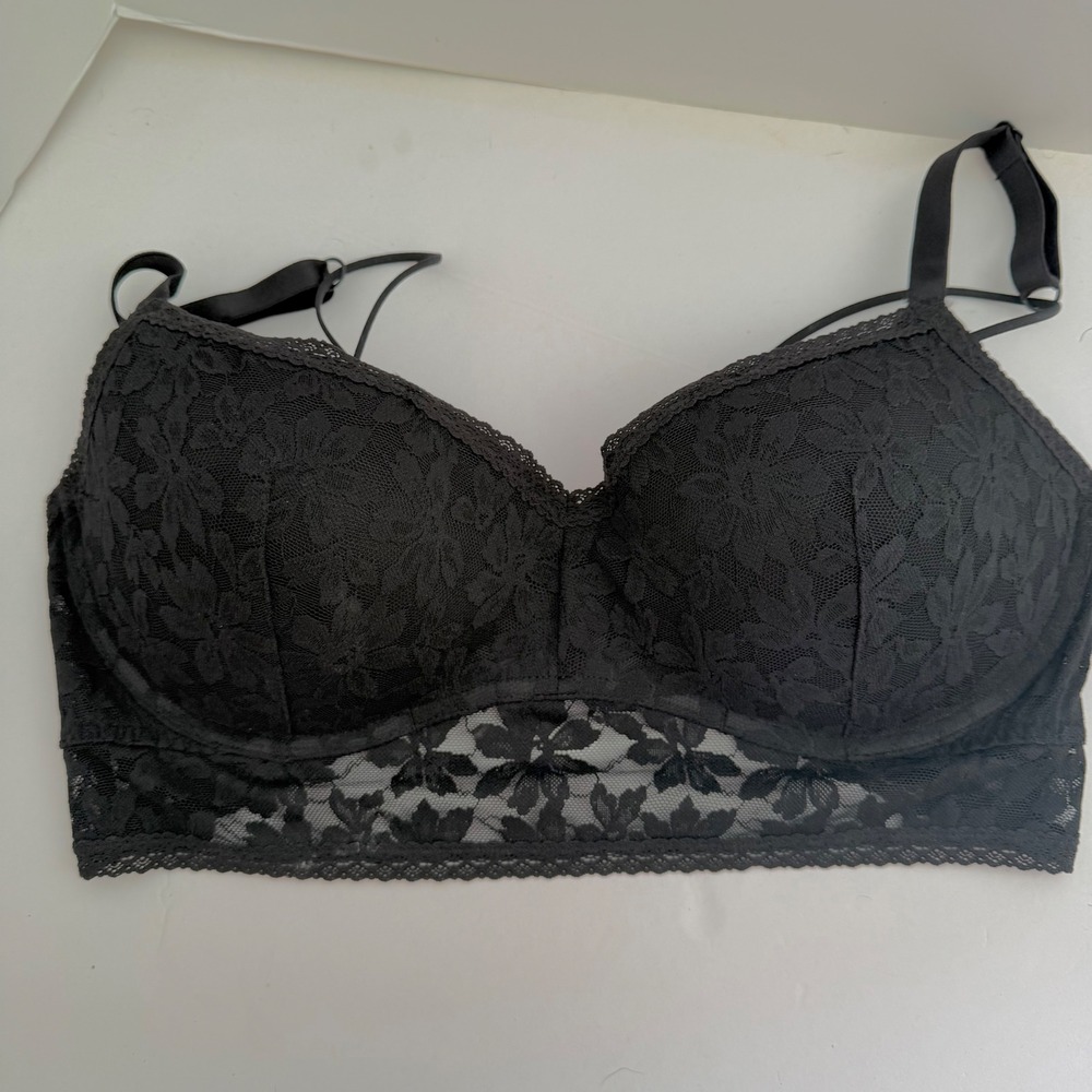 Victoria's Secret PINK Black Floral Lace Longline Push-Up Bra Size L-DD NEW